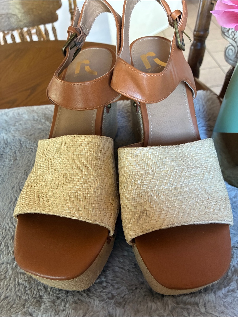 Women's Tan Leather and Natural Raffia Wedge Sandals